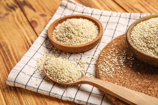 Spoon Sesame Seeds Wooden Table Closeup — Stock Photo, Image