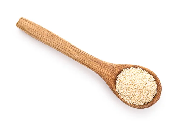 Wooden Spoon Sesame Seeds Isolated White Background — Stock Photo, Image