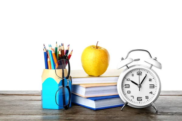 School Stationery Apple Eyeglasses Alarm Clock Table White Background — 스톡 사진