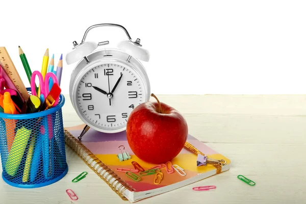 School Stationery Apple Alarm Clock Table White Background — Stock Photo, Image
