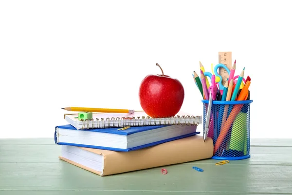 School Stationery Apple Books Table White Background — Stock Fotó