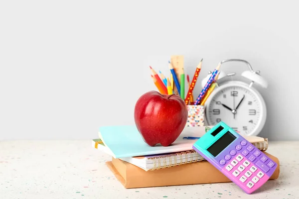 School Stationery Apple Alarm Clock Table Grey Background — Stock Photo, Image