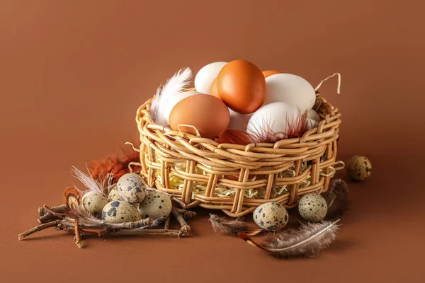 Composition Chicken Quail Eggs Feathers Tree Branches Color Background — Fotografia de Stock
