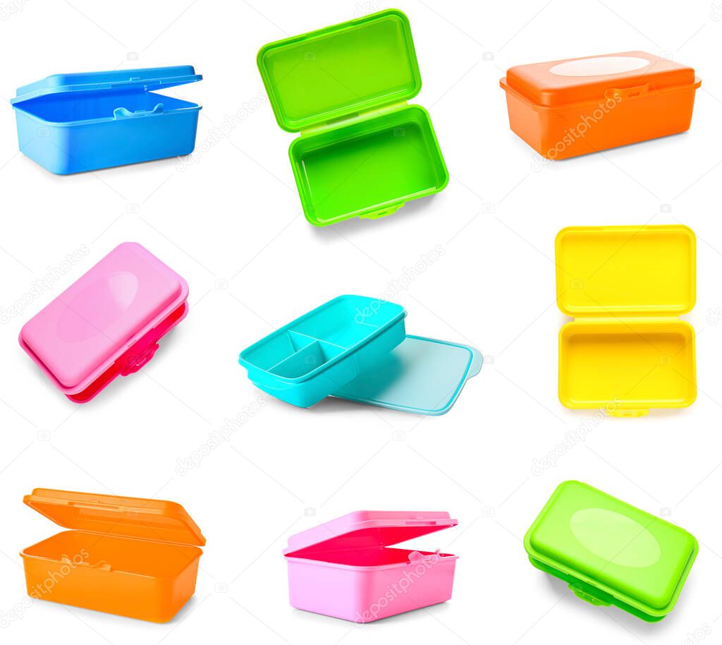 Set of plastic lunch boxes on white background