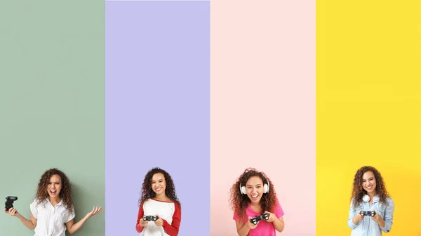 Set Young African American Woman Playing Video Games Colorful Background — 스톡 사진