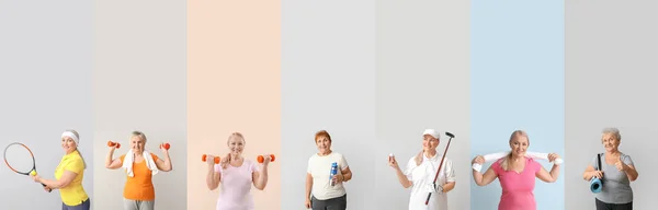 Set Sporty Elderly Women Colorful Background — Stockfoto