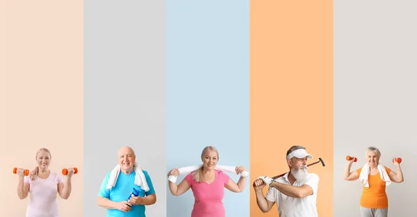 Set Sporty Elderly People Colorful Background — Stok fotoğraf