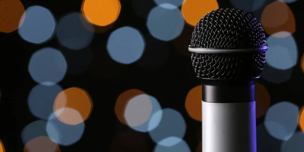 Modern Microphone Dark Background Defocused Lights Closeup — Stock Photo, Image