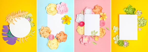 Set Beautiful Handmade Paper Flowers Blank Cards Colorful Background — 스톡 사진