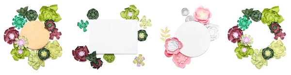 Set Beautiful Handmade Paper Flowers Blank Cards White Background — Stok fotoğraf
