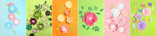 Set Beautiful Handmade Paper Flowers Colorful Background — Zdjęcie stockowe