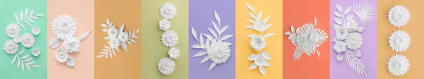 Set Beautiful Handmade Paper Flowers Leaves Colorful Background — 스톡 사진