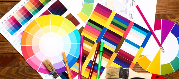 Color Palettes Building Plan Paint Brushes Wooden Background Top View — 스톡 사진