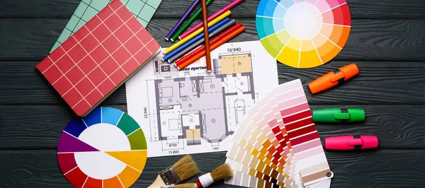 Color Palettes Building Plan Paint Brushes Dark Wooden Background Top — Stock Fotó