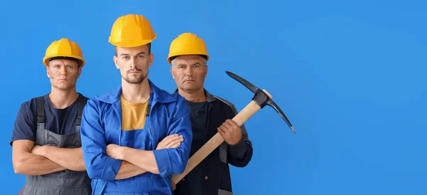 Miner Men Blue Background Space Text — Stockfoto