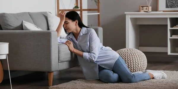 Depressed Young Woman Sitting Floor Home — Stock Photo, Image