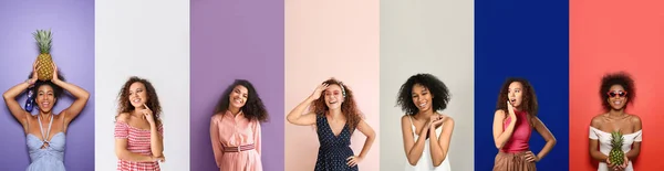 Collage Schöner Afroamerikanischer Frauen Auf Farbigem Hintergrund Mit Platz Für — Stockfoto