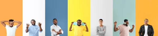 Collage Handsome African American Men Color Background Space Text — Fotografie, imagine de stoc