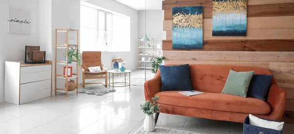 Interior Modern Studio Apartment Sofa Wooden Wall — Stock Photo, Image