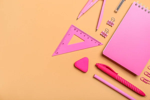 Set Pink Stationery Color Background — Zdjęcie stockowe