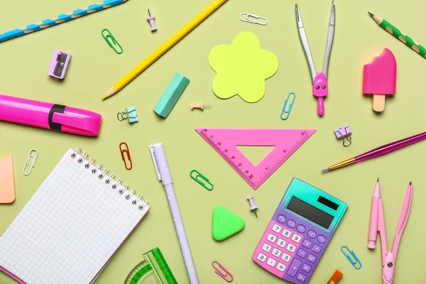 Different School Stationery Green Background Top View — Stock Photo, Image