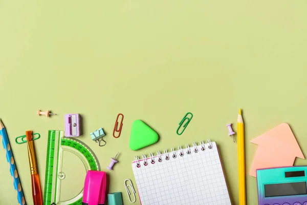 Different School Stationery Green Background Top View — Stockfoto