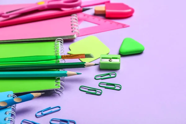 Colorful School Stationery Lilac Background Closeup — 图库照片