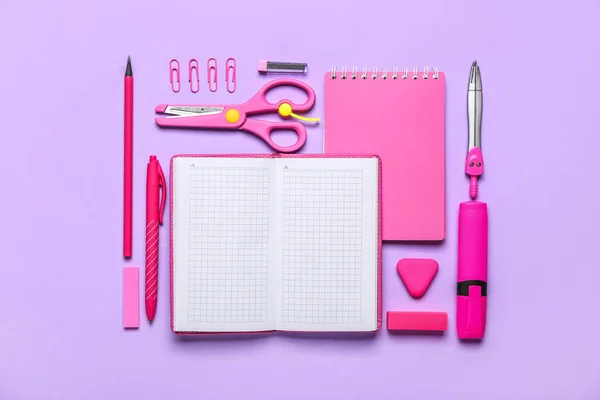 School Stationery Lilac Background — Fotografia de Stock