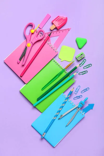 Colorful School Stationery Lilac Background — 스톡 사진