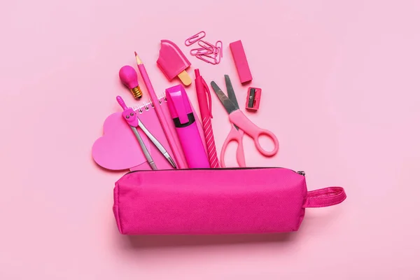 Pencil Case Stationery Supplies Pink Background — Fotografia de Stock