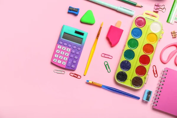 Different School Stationery Pink Background — 图库照片