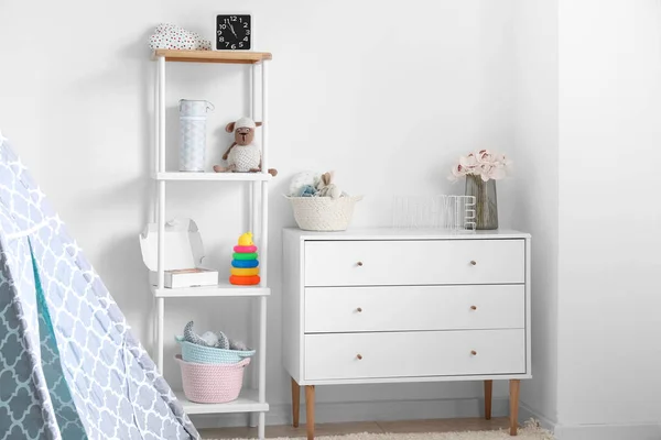 Interior Light Children Playroom Shelving Unit Chest Drawers — Stock Photo, Image