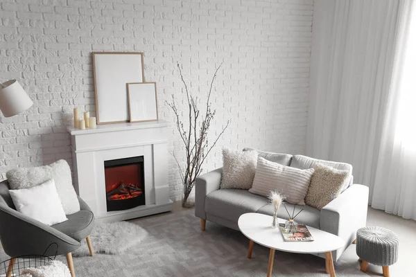 Interior Light Living Room Electric Fireplace Blank Frames Sofa — Stock Photo, Image