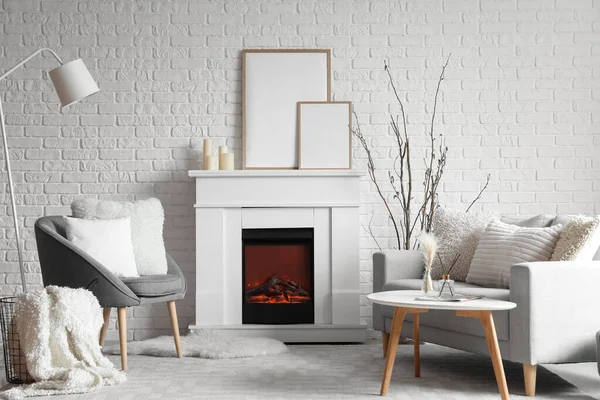 Interior Light Living Room Electric Fireplace Blank Frames Sofa — ストック写真