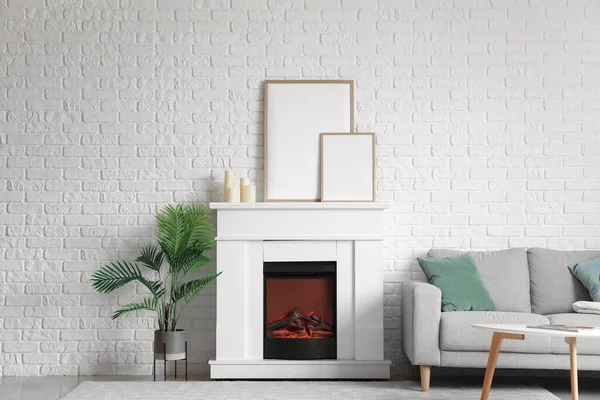 Electric Fireplace Blank Frames Candles Interior Living Room — ストック写真