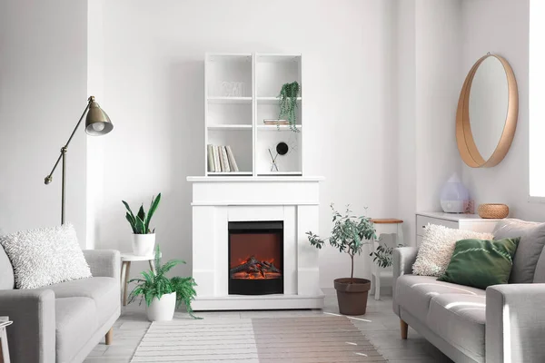 Electric Fireplace Shelving Unit Interior Light Living Room — Stok fotoğraf