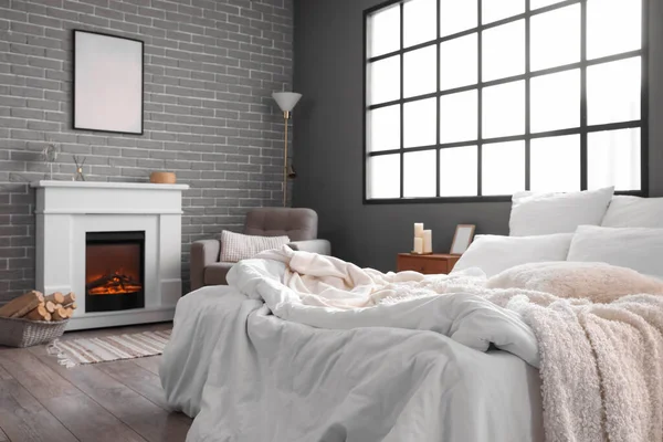 Interior Modern Bedroom Electric Fireplace Armchair — ストック写真