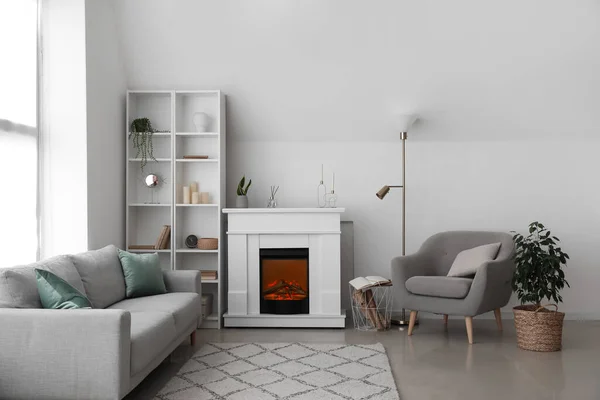 Interior Light Living Room Fireplace Shelving Unit Armchair — ストック写真