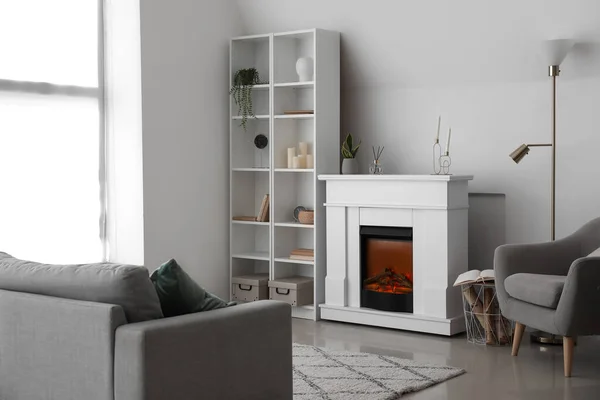 Interior Light Living Room Fireplace Shelving Unit Armchair — Stock fotografie