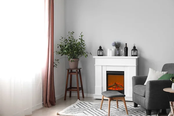 Interior Light Living Room Fireplace Candles Armchair — Stockfoto