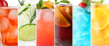 Çok farklı kokteyllerle kolaj, yakın plan.