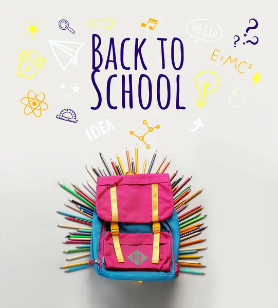 Backpack Stationery Text Back School Light Background — Photo