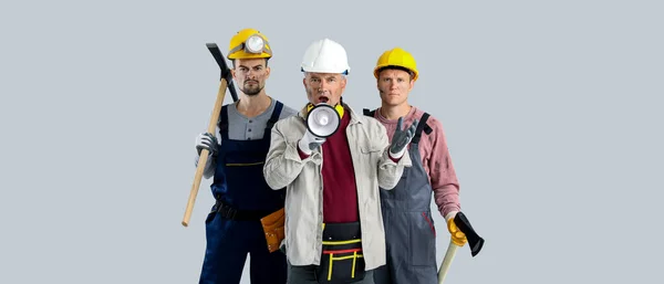 Hombres Mineros Protestando Sobre Fondo Gris —  Fotos de Stock