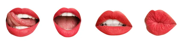 Set Red Female Lips White Background — 스톡 사진