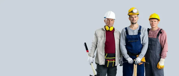 Miner Men Grey Background Space Text — Stock Photo, Image