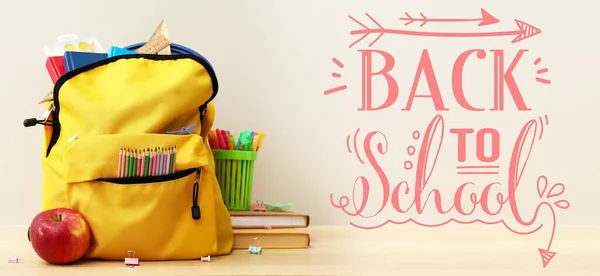 Backpack Stationery Apple Table Light Background Back School — 스톡 사진