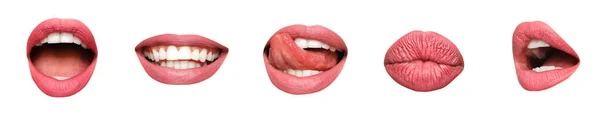 Set Pink Female Lips White Background — Photo
