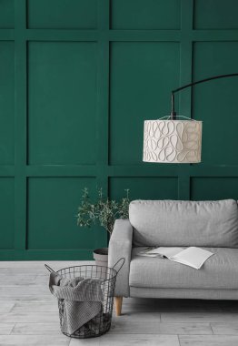 Gri kanepe, ekose sepet, çiçek ve yeşil duvarın yanında standart lamba.