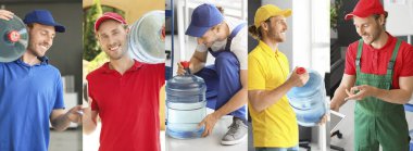 Kuryeyle kolaj, su şişelerini teslim etmek. 