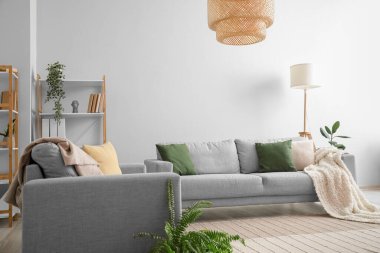 Gri koltukları, raf üniteleri ve ev bitkileriyle aydınlık oturma odasının içinde.